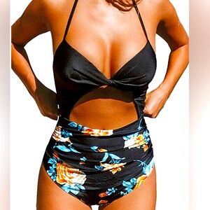 Cupshe Women's Black Floral Cutout Halter LaceUp One Piece Swimsuit